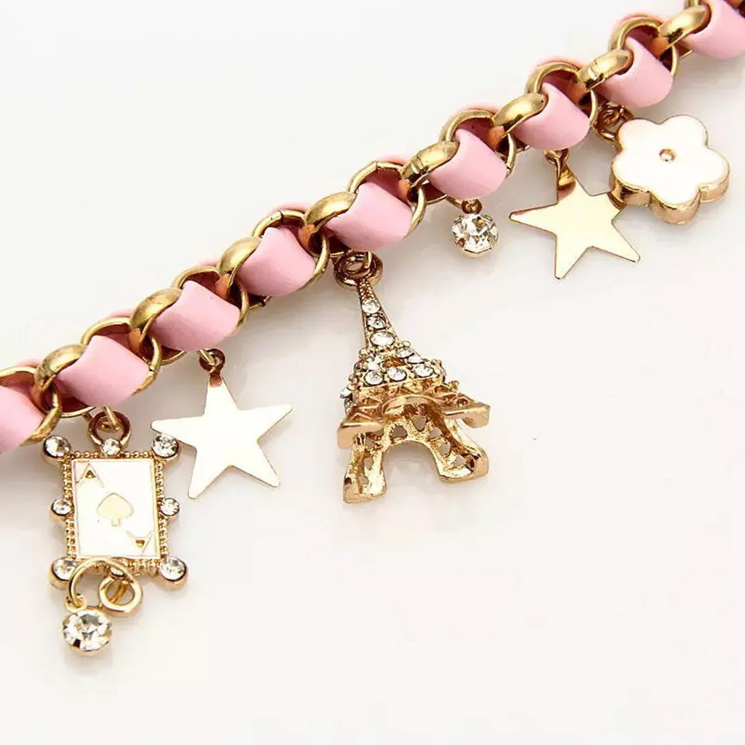 Pink Studded Eiffel Tower Star Charms Bracelet