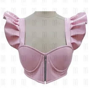 Pink Underwire Faux Leather Short Bustier with Adjustable Pleated Sleeves