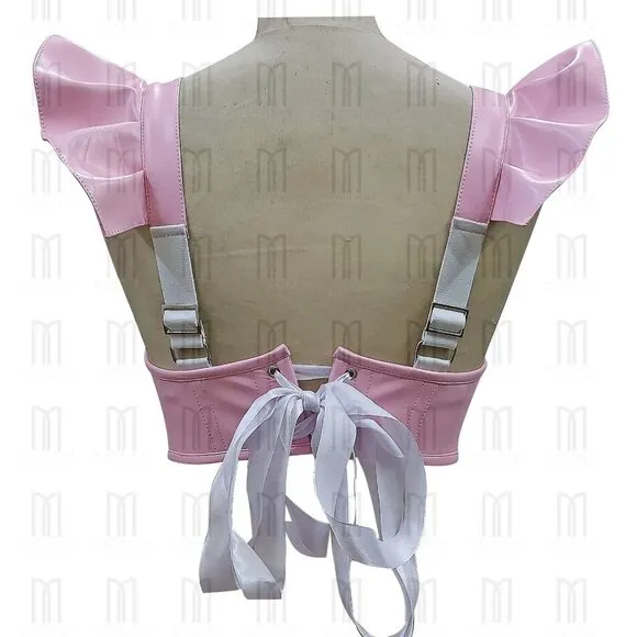 Pink Underwire Faux Leather Short Bustier with Adjustable Pleated Sleeves