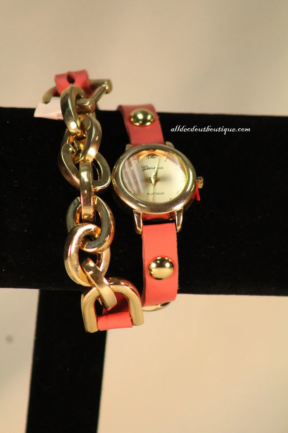 Pink/Gold, Gold & Silver Studs, Metal Chain Links | Leather Band w/ Fold Over Clasp