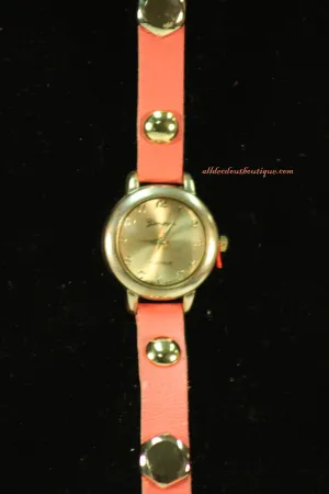 Pink/Gold, Gold & Silver Studs, Metal Chain Links | Leather Band w/ Fold Over Clasp