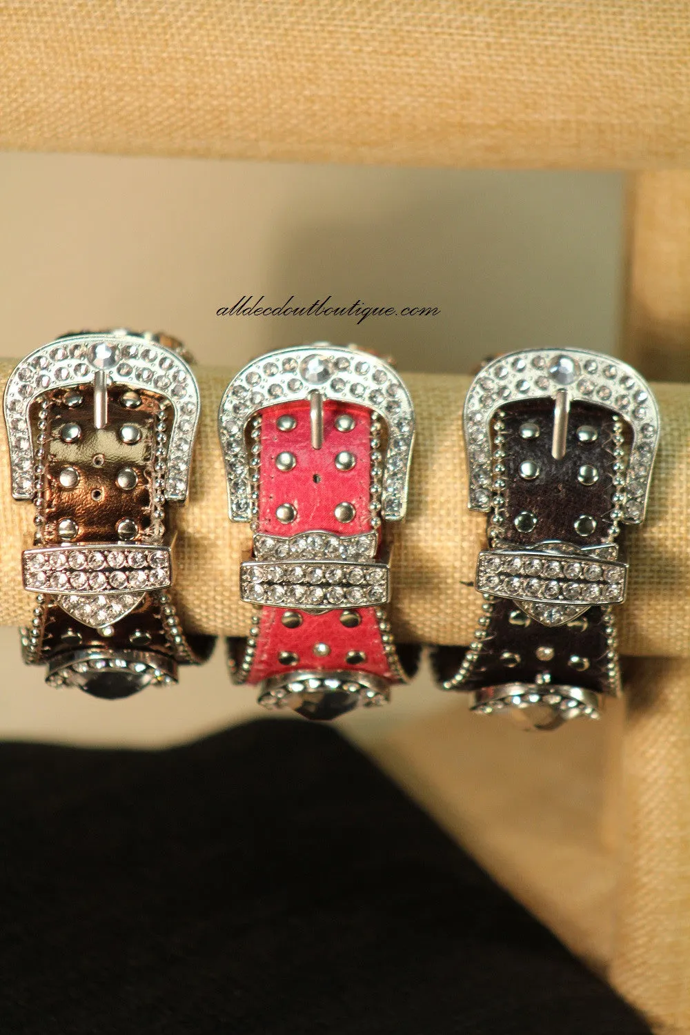 Pink/White Silver Studs & Clear Rhinestones | Leather Band with Buckle Clasp