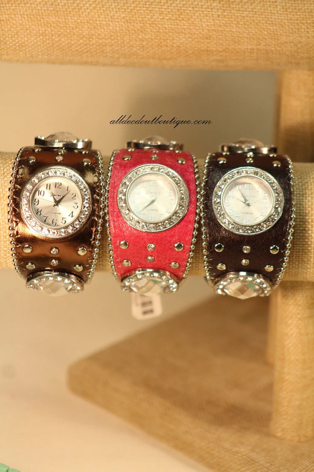 Pink/White Silver Studs & Clear Rhinestones | Leather Band with Buckle Clasp