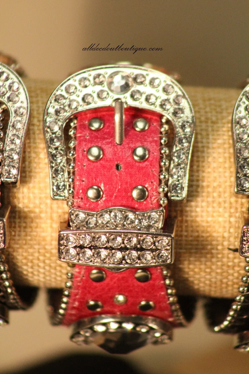 Pink/White Silver Studs & Clear Rhinestones | Leather Band with Buckle Clasp