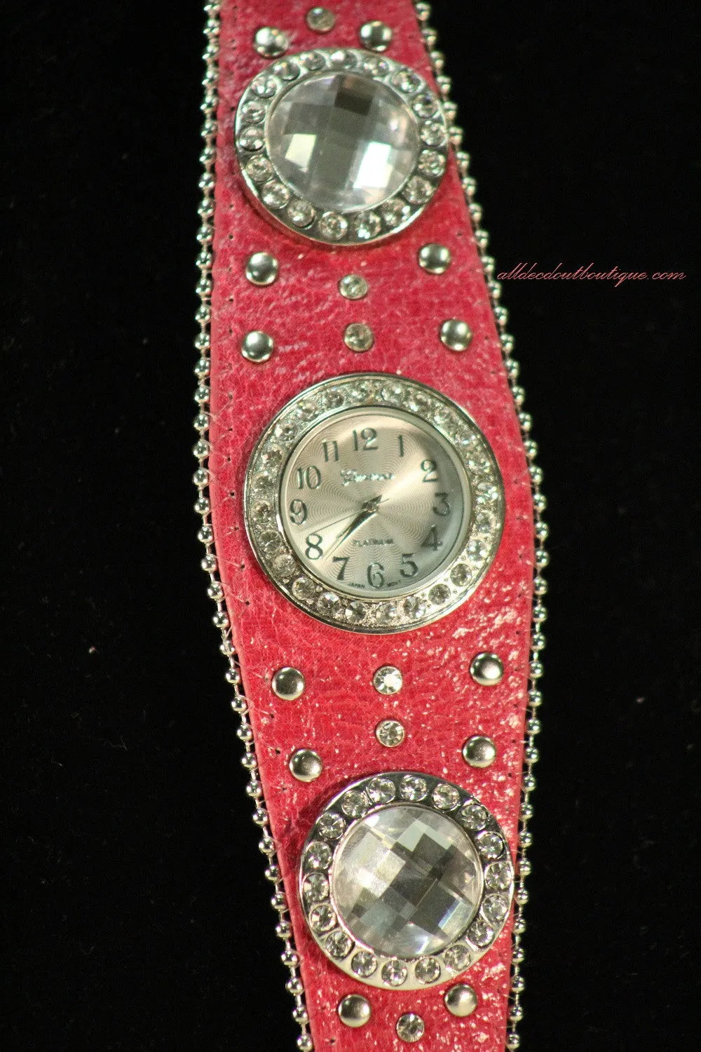 Pink/White Silver Studs & Clear Rhinestones | Leather Band with Buckle Clasp