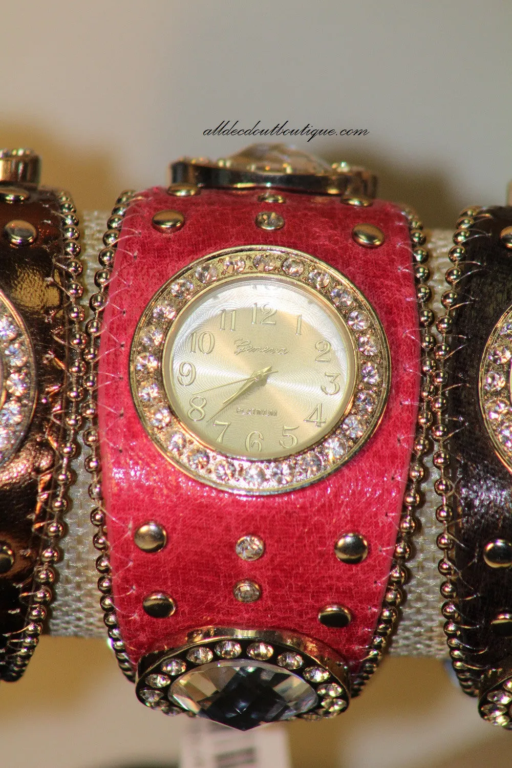 Pink/White Silver Studs & Clear Rhinestones | Leather Band with Buckle Clasp