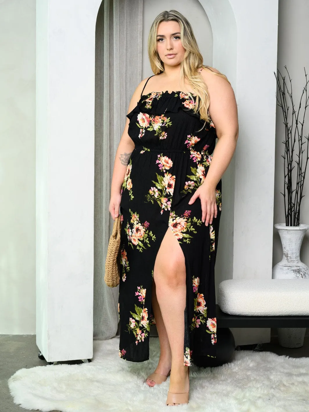 PLUS SIZE SLEEVELESS FRONT SLIT RUFFLE FLORAL MAXI DRESS