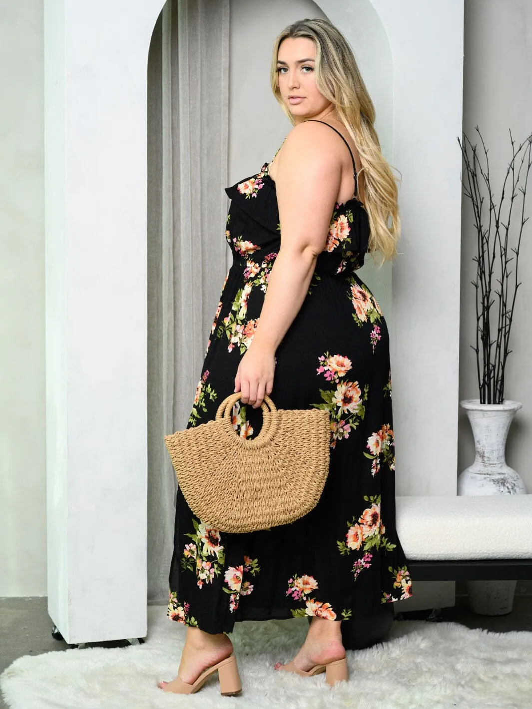 PLUS SIZE SLEEVELESS FRONT SLIT RUFFLE FLORAL MAXI DRESS