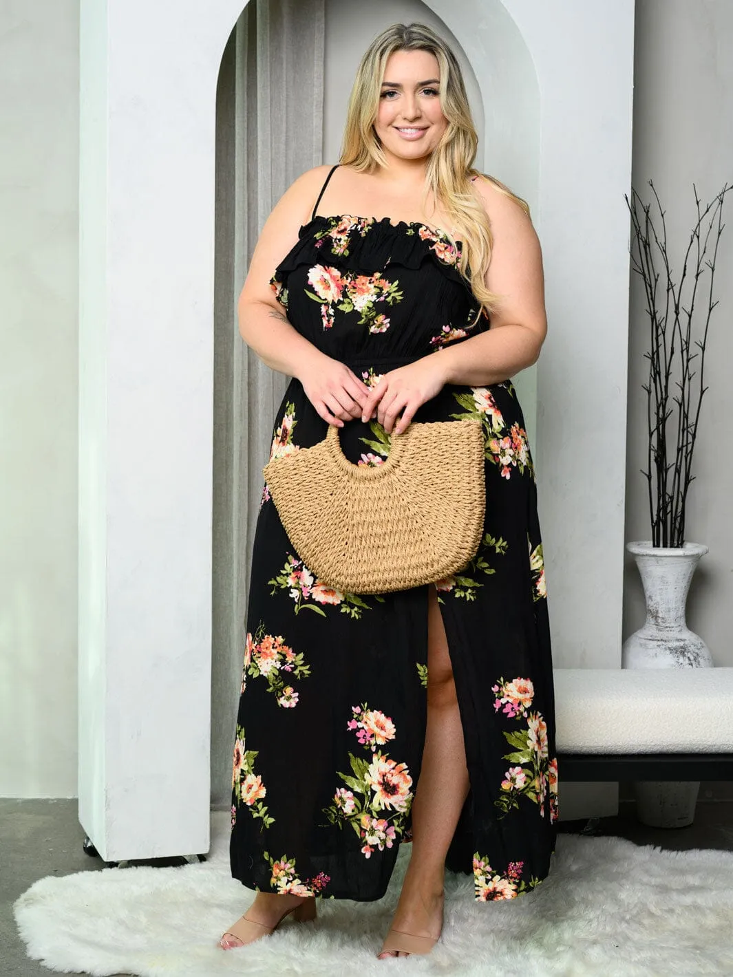 PLUS SIZE SLEEVELESS FRONT SLIT RUFFLE FLORAL MAXI DRESS