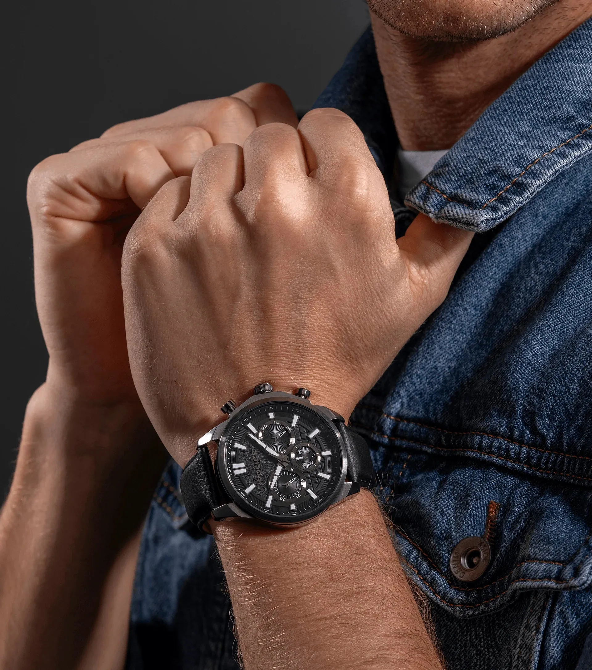 Police Rangy Gents Black Dial Black Leather Strap Watch