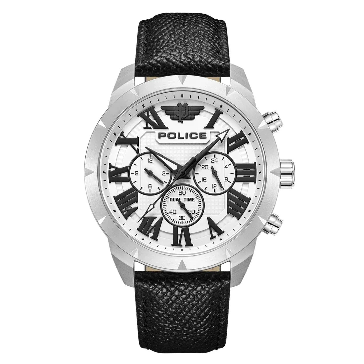 Police Roman Gents White Dial Black Leather Strap Watch