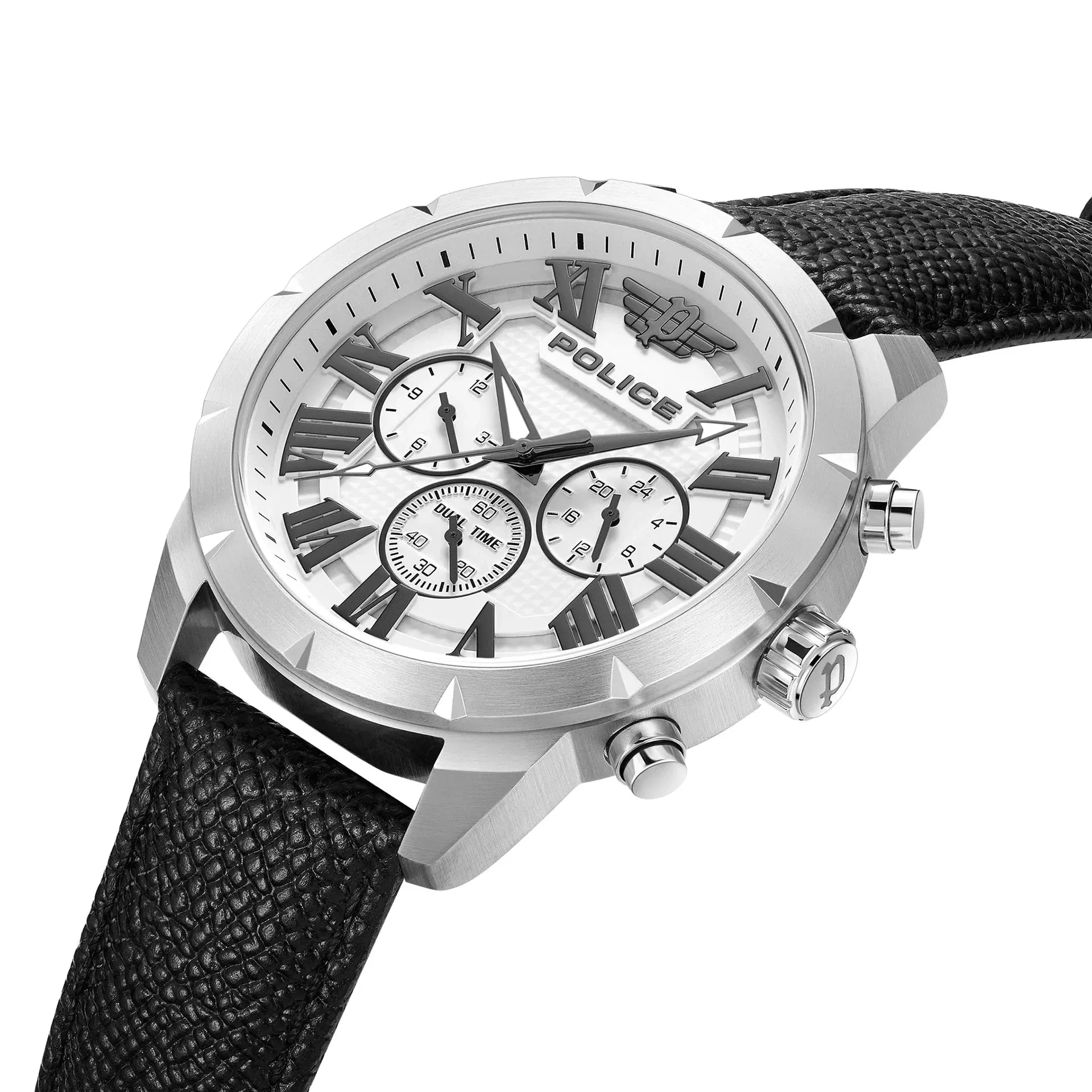 Police Roman Gents White Dial Black Leather Strap Watch