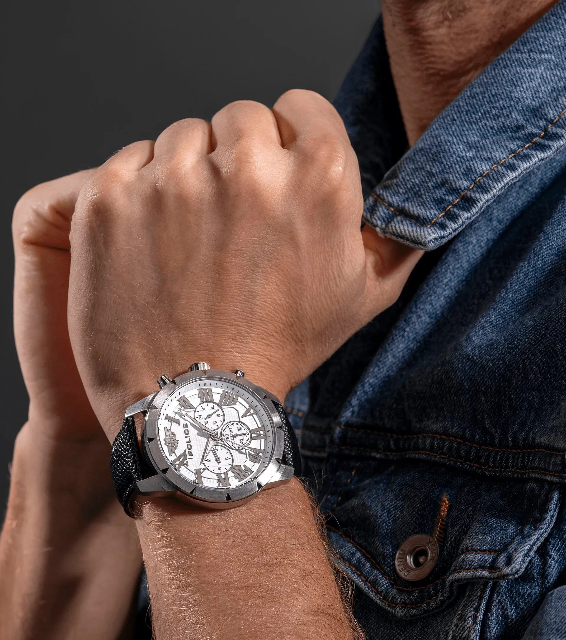 Police Roman Gents White Dial Black Leather Strap Watch