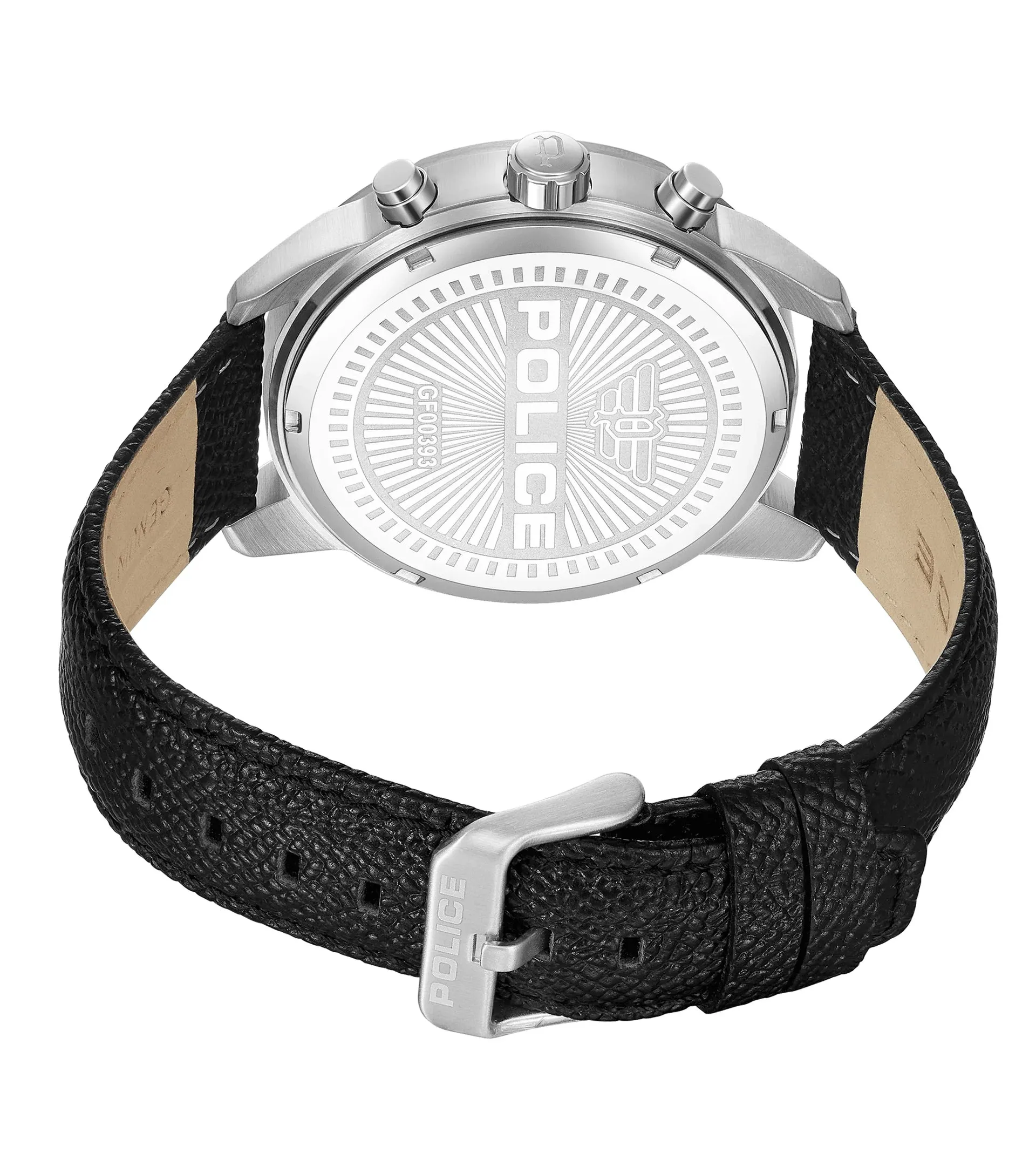 Police Roman Gents White Dial Black Leather Strap Watch