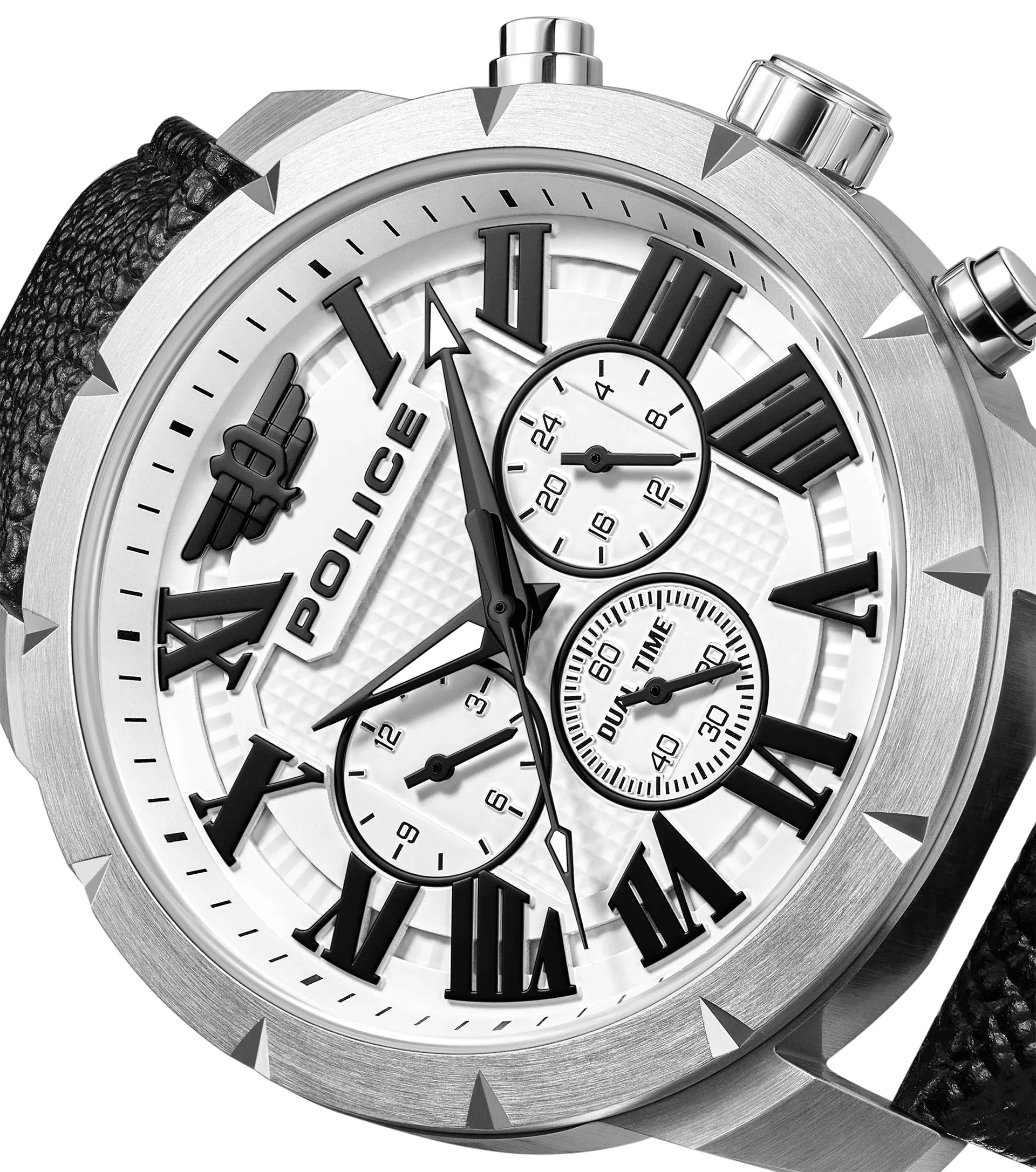 Police Roman Gents White Dial Black Leather Strap Watch