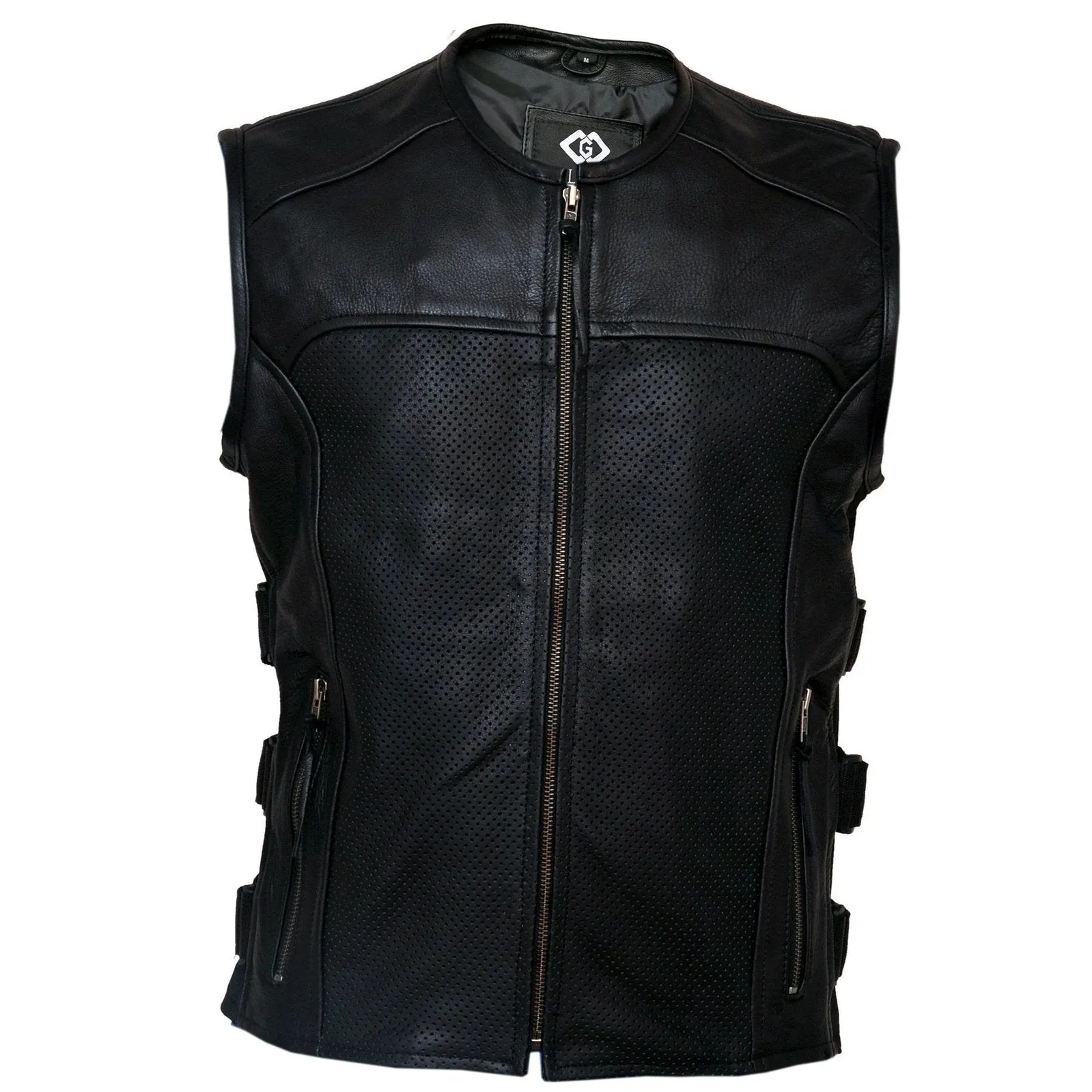 Premium Perforated Leather Motorcycle SWAT Vest Waistcoat