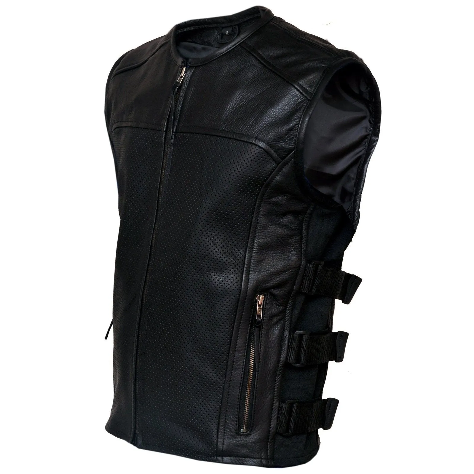 Premium Perforated Leather Motorcycle SWAT Vest Waistcoat