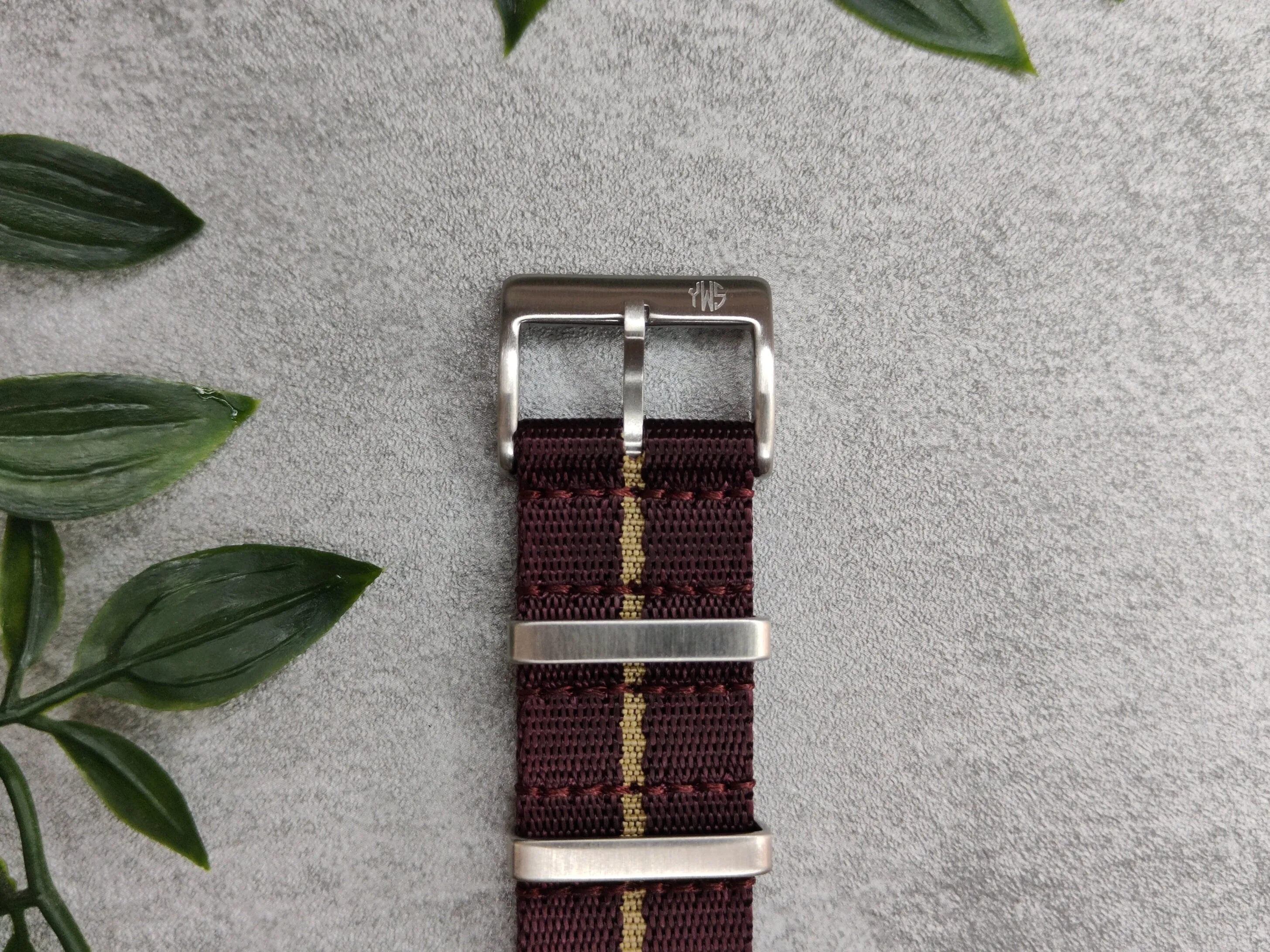 Premium Seatbelt Maroon and Pinstripe Khaki Watch Strap