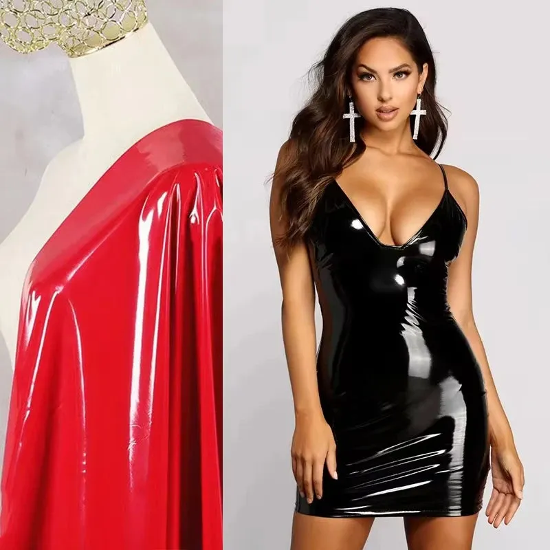 PU Leather Spaghetti Strap Bodycon Dress - Deep V-Neck Faux Latex Mini Dress