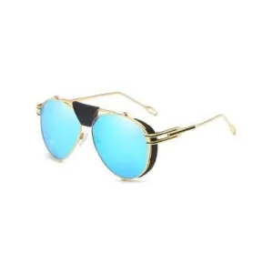 PU Leather Top Bar Decorative Pilot Sunglasses - Deep Sky Blue