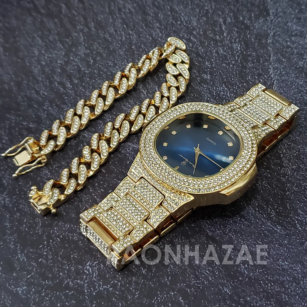 Raonhazae Hip Hop Iced Lab Diamond Drizzy Drake Blue Face 14K Gold Plated Watch with 12mm Cuban Link Bracelet Set