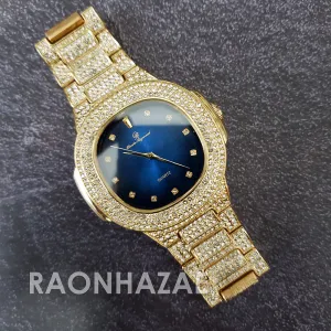 Raonhazae Hip Hop Iced Lab Diamond Drizzy Drake Blue Face 14K Gold Plated Watch with 12mm Cuban Link Bracelet Set
