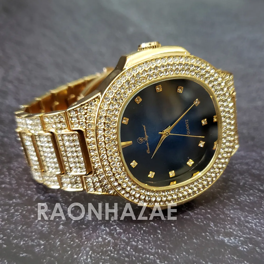 Raonhazae Hip Hop Iced Lab Diamond Drizzy Drake Blue Face 14K Gold Plated Watch with 12mm Cuban Link Bracelet Set