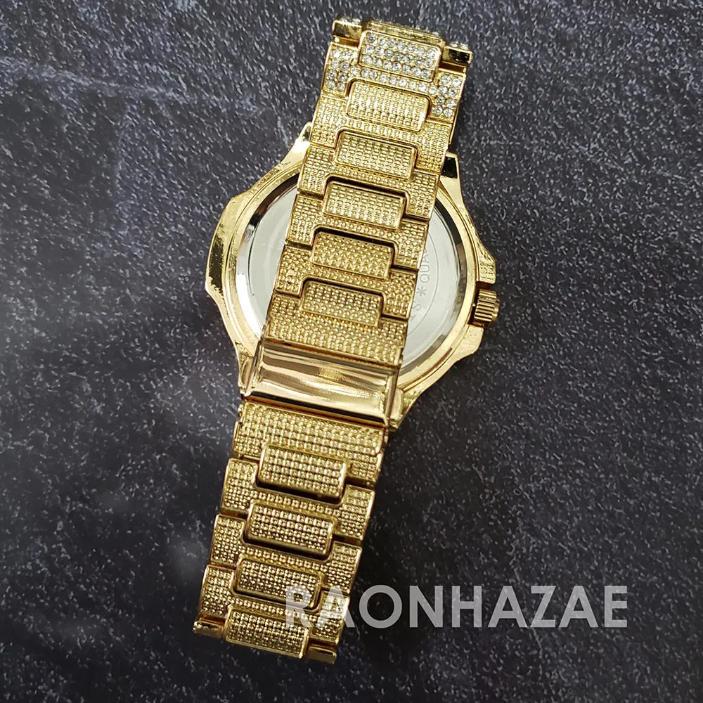 Raonhazae Hip Hop Iced Lab Diamond Drizzy Drake Blue Face 14K Gold Plated Watch with 12mm Cuban Link Bracelet Set