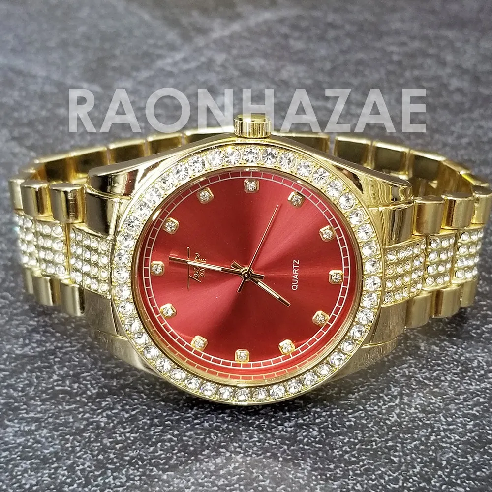 Raonhazae Hip Hop Iced Lab Diamond Red Face Drake 14K Gold Plated Watch with Rope Bracelet Set - GTR001