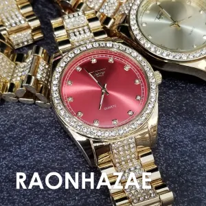 Raonhazae Hip Hop Iced Lab Diamond Red Face Drake 14K Gold Plated Watch with Rope Bracelet Set - GTR001
