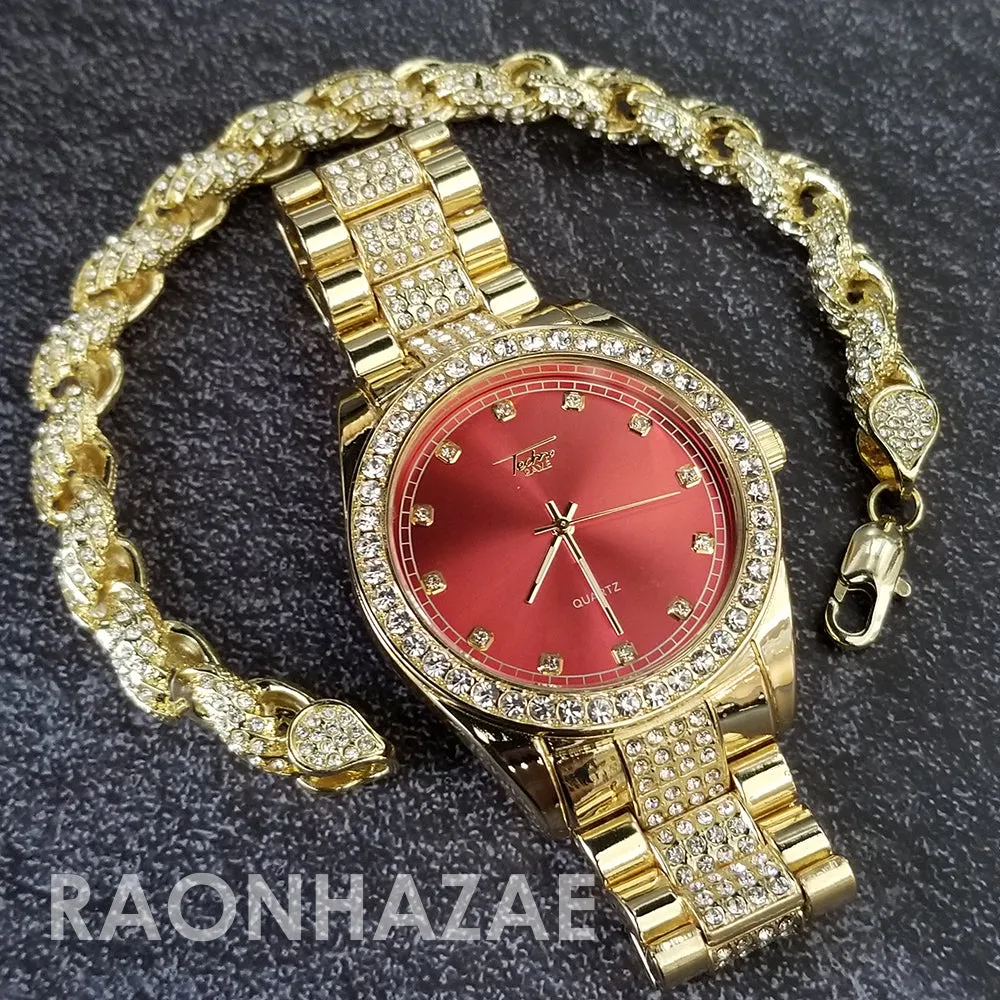 Raonhazae Hip Hop Iced Lab Diamond Red Face Drake 14K Gold Plated Watch with Rope Bracelet Set - GTR001