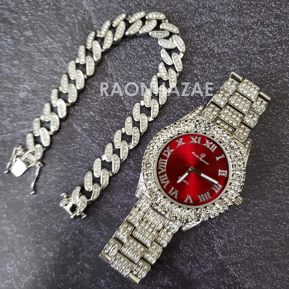 Raonhazae Silver Hip Hop Iced Lab Diamond Meek Mill Drake Blue Face 14K White Gold Plated Watch with 12mm Cuban Link Bracelet Set