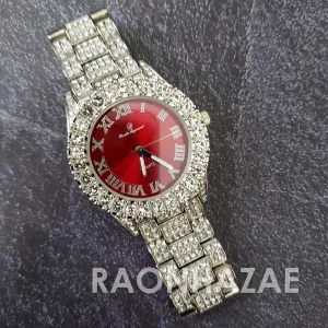 Raonhazae Silver Hip Hop Iced Lab Diamond Meek Mill Drake Blue Face 14K White Gold Plated Watch with 12mm Cuban Link Bracelet Set