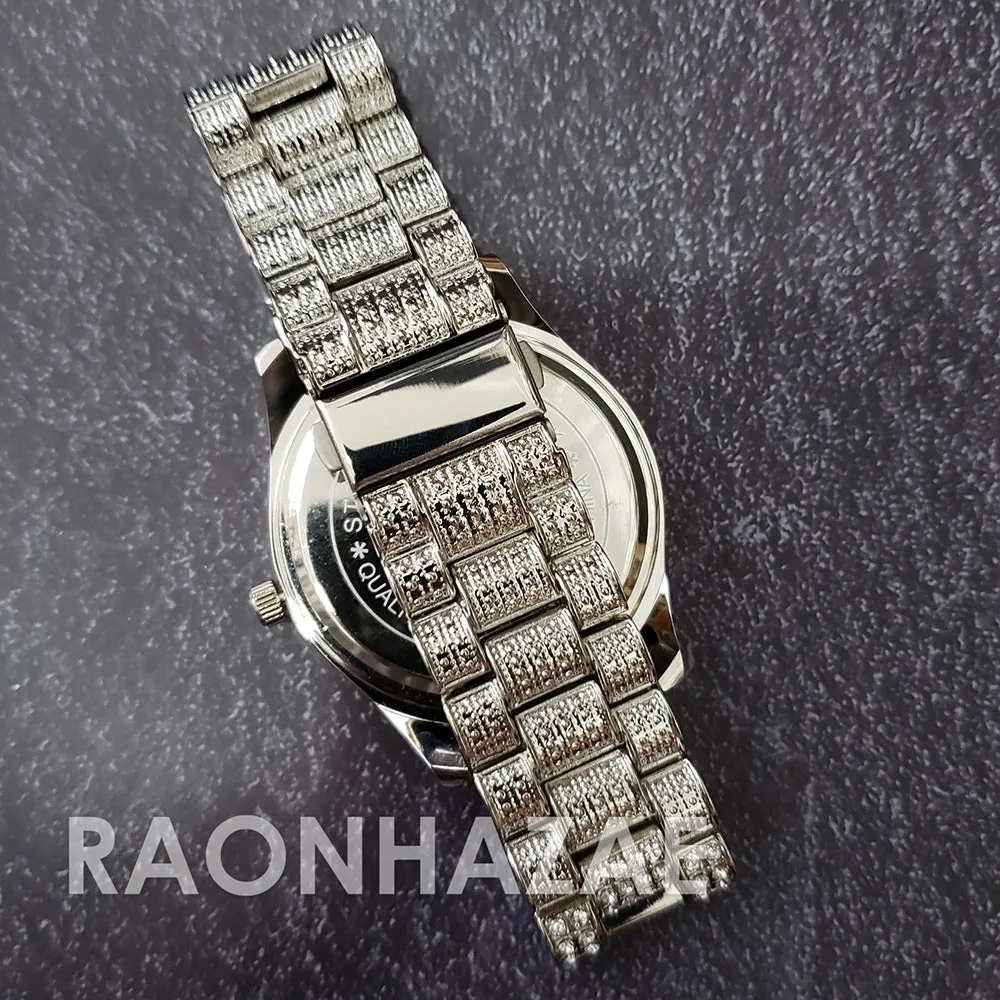 Raonhazae Silver Hip Hop Iced Lab Diamond Meek Mill Drake Blue Face 14K White Gold Plated Watch with 12mm Cuban Link Bracelet Set