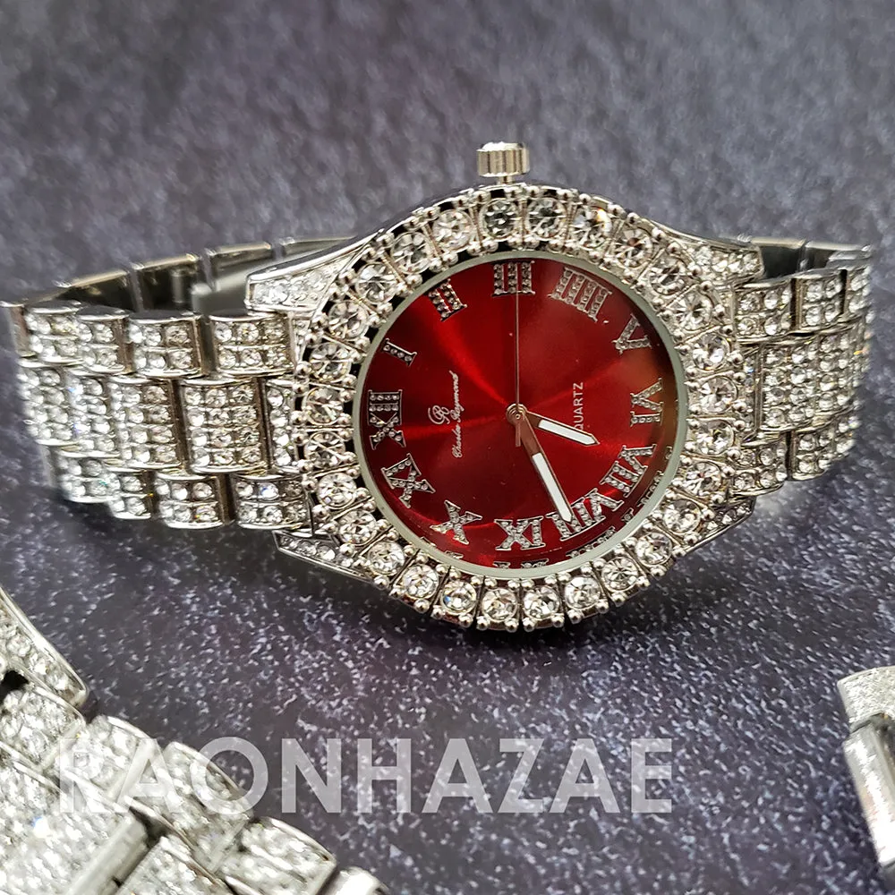 Raonhazae Silver Hip Hop Iced Lab Diamond Meek Mill Drake Blue Face 14K White Gold Plated Watch with 12mm Cuban Link Bracelet Set