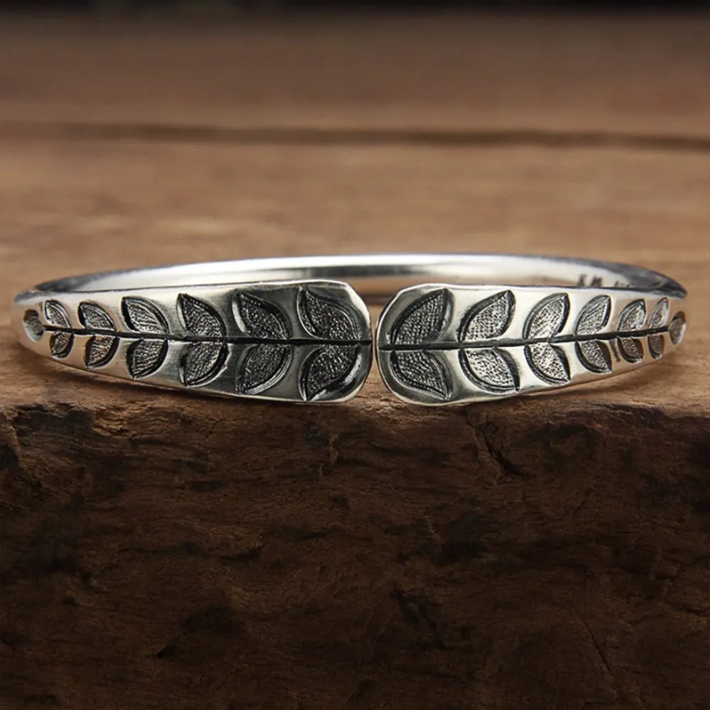 Real Solid 999 Sterling Pure Silver Cuff Bracelet Leaf Plants Fashion Jewelry Open Bangle