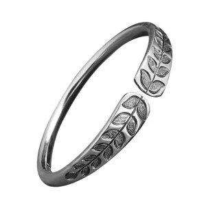 Real Solid 999 Sterling Pure Silver Cuff Bracelet Leaf Plants Fashion Jewelry Open Bangle