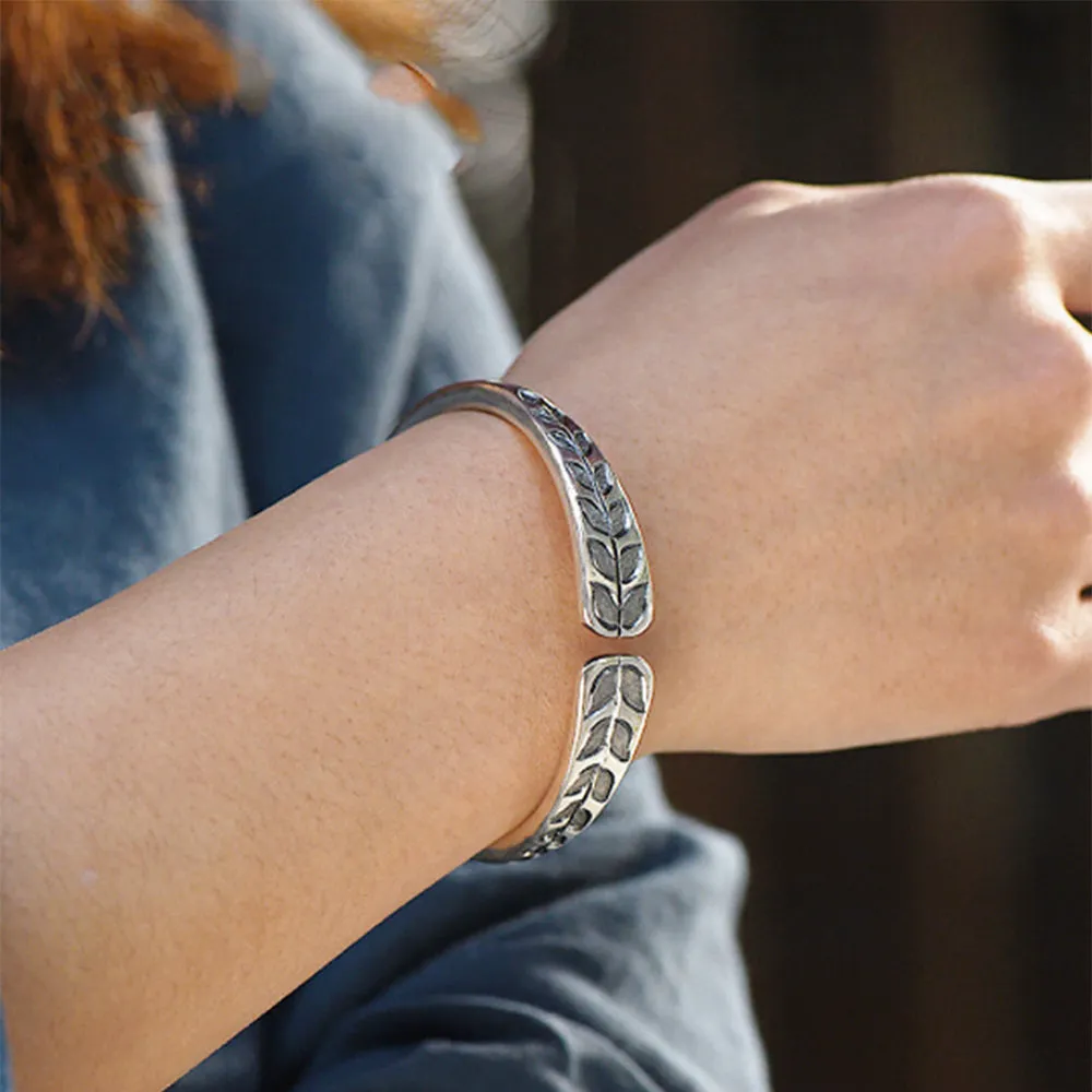Real Solid 999 Sterling Pure Silver Cuff Bracelet Leaf Plants Fashion Jewelry Open Bangle