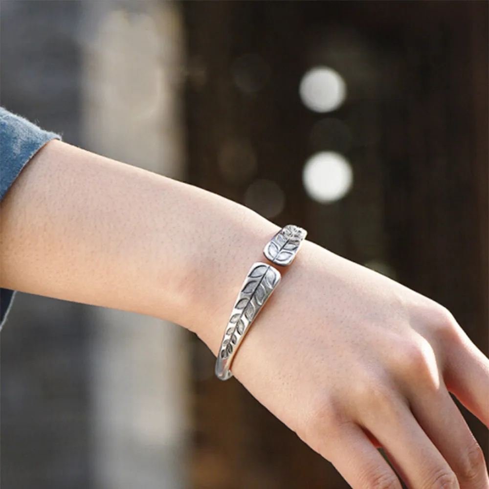 Real Solid 999 Sterling Pure Silver Cuff Bracelet Leaf Plants Fashion Jewelry Open Bangle
