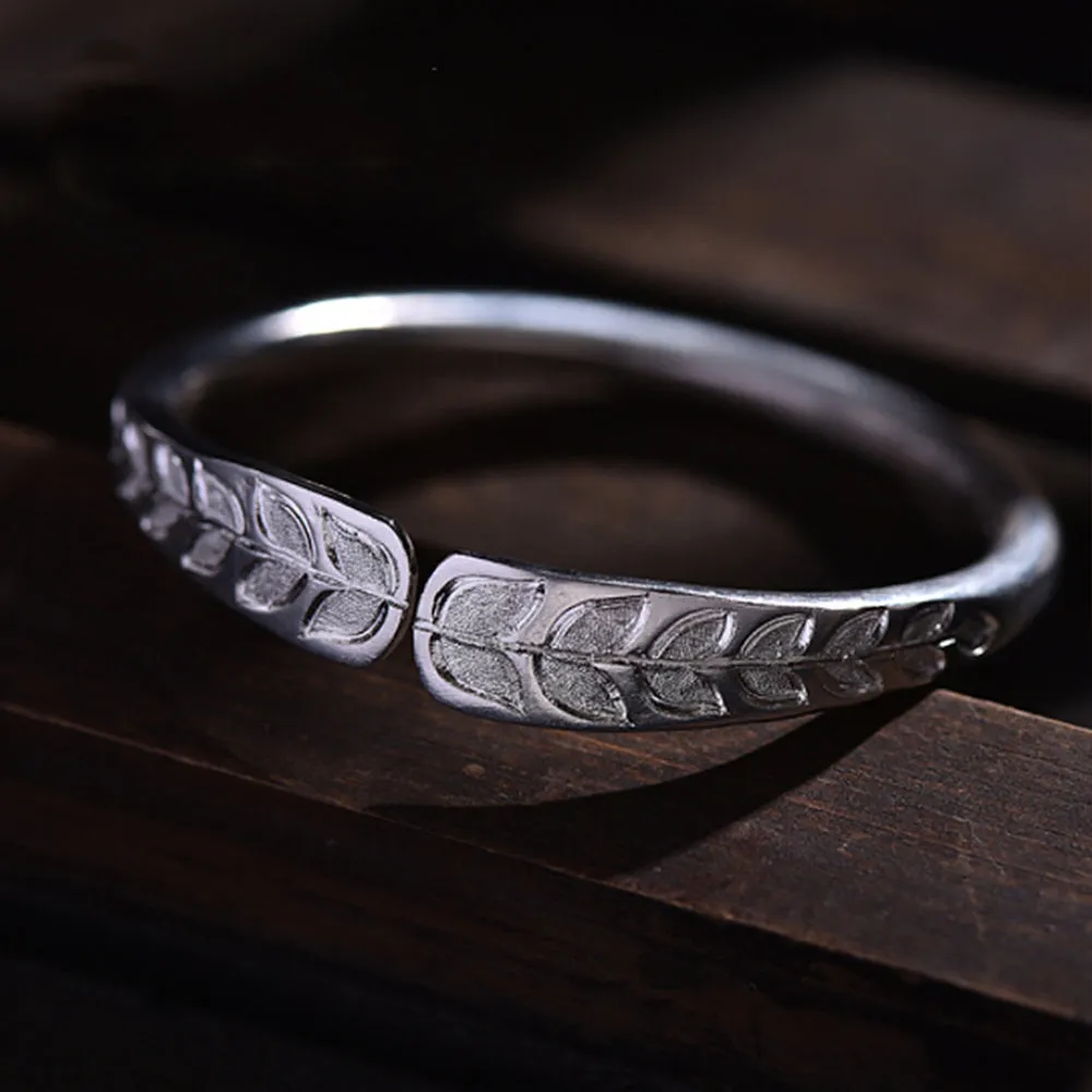 Real Solid 999 Sterling Pure Silver Cuff Bracelet Leaf Plants Fashion Jewelry Open Bangle