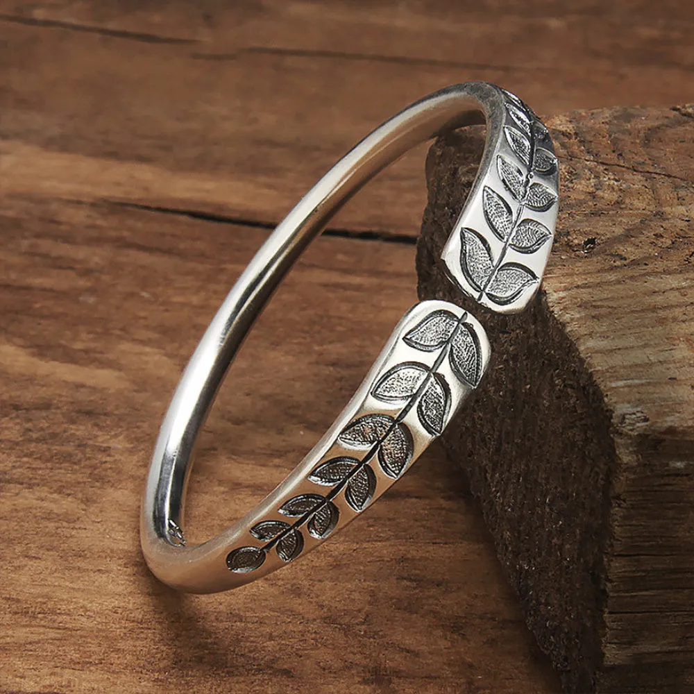 Real Solid 999 Sterling Pure Silver Cuff Bracelet Leaf Plants Fashion Jewelry Open Bangle
