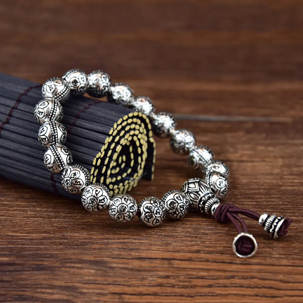 Real Solid 999 Sterling Silver Bracelet Beaded Om Mani Padme Hum Lotus Jewelry