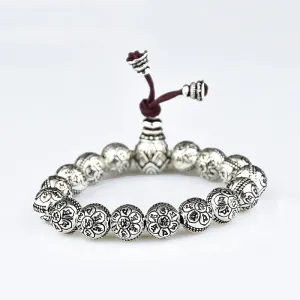 Real Solid 999 Sterling Silver Bracelet Beaded Om Mani Padme Hum Lotus Jewelry