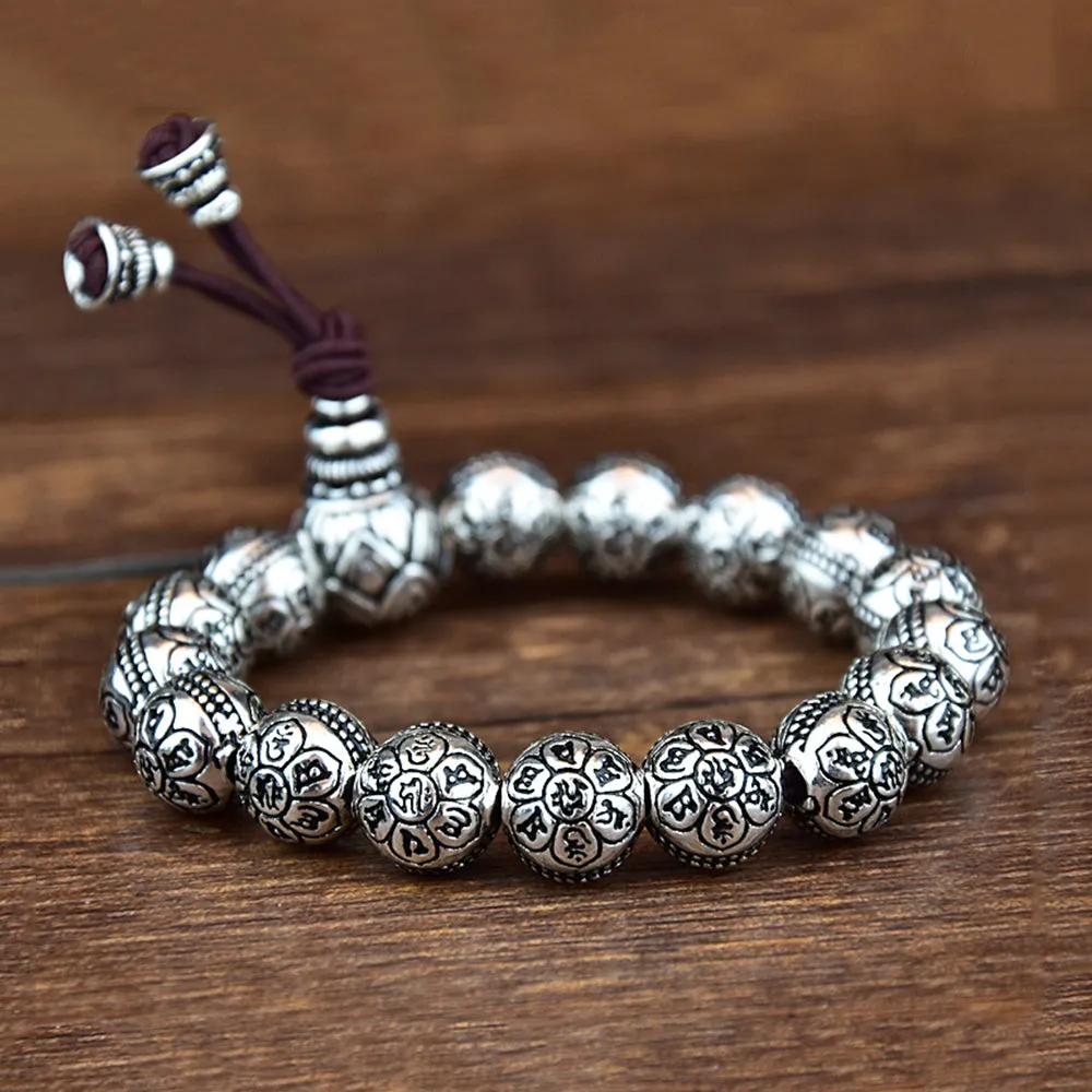 Real Solid 999 Sterling Silver Bracelet Beaded Om Mani Padme Hum Lotus Jewelry
