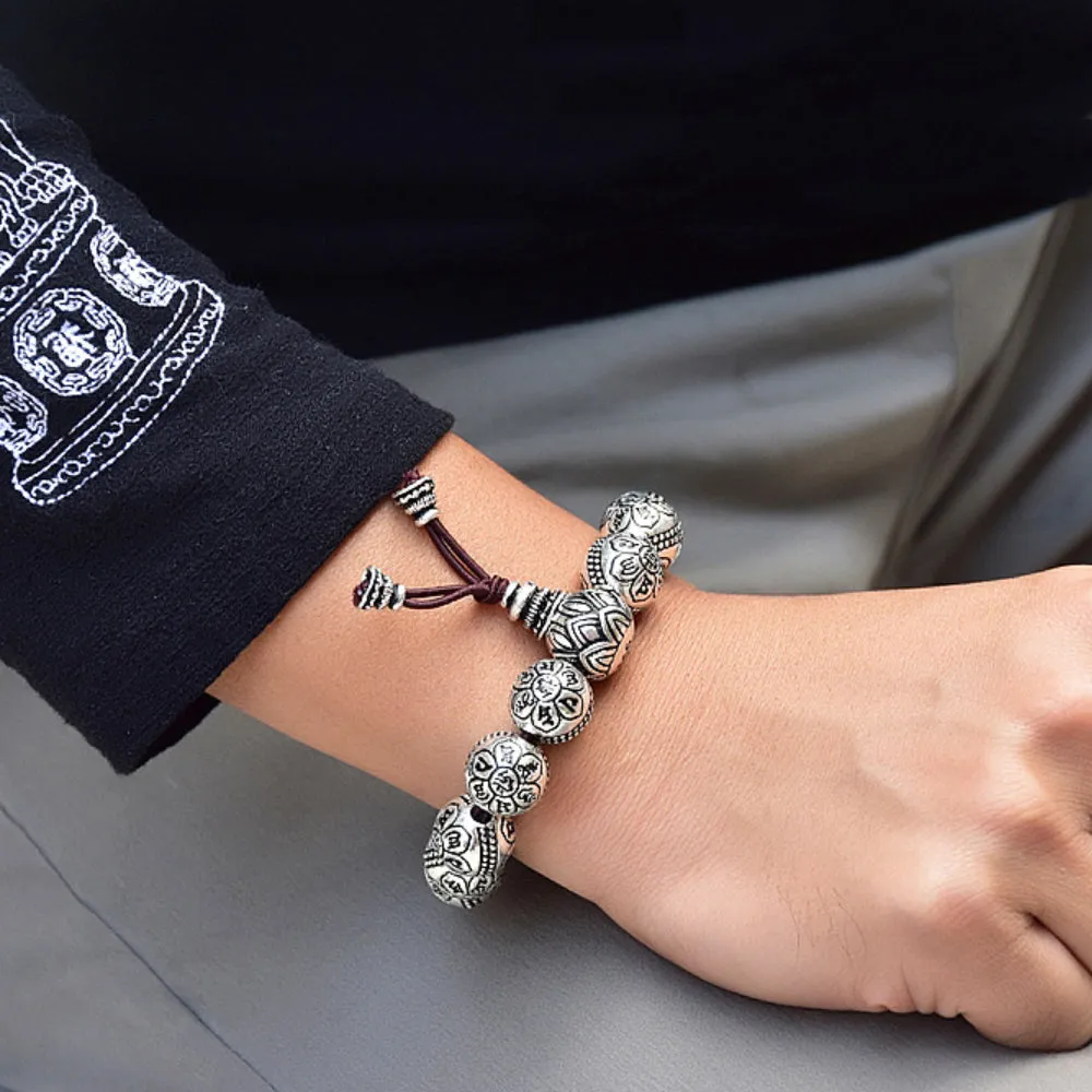 Real Solid 999 Sterling Silver Bracelet Beaded Om Mani Padme Hum Lotus Jewelry