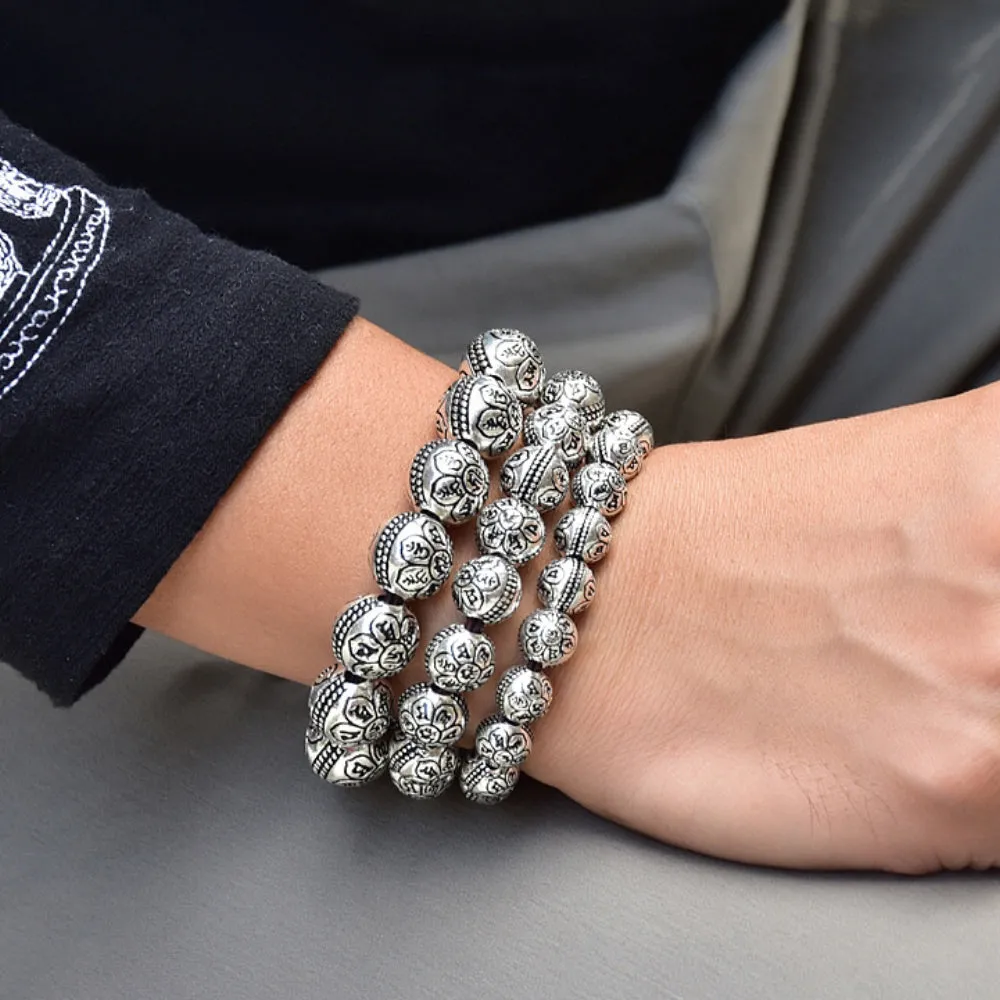 Real Solid 999 Sterling Silver Bracelet Beaded Om Mani Padme Hum Lotus Jewelry
