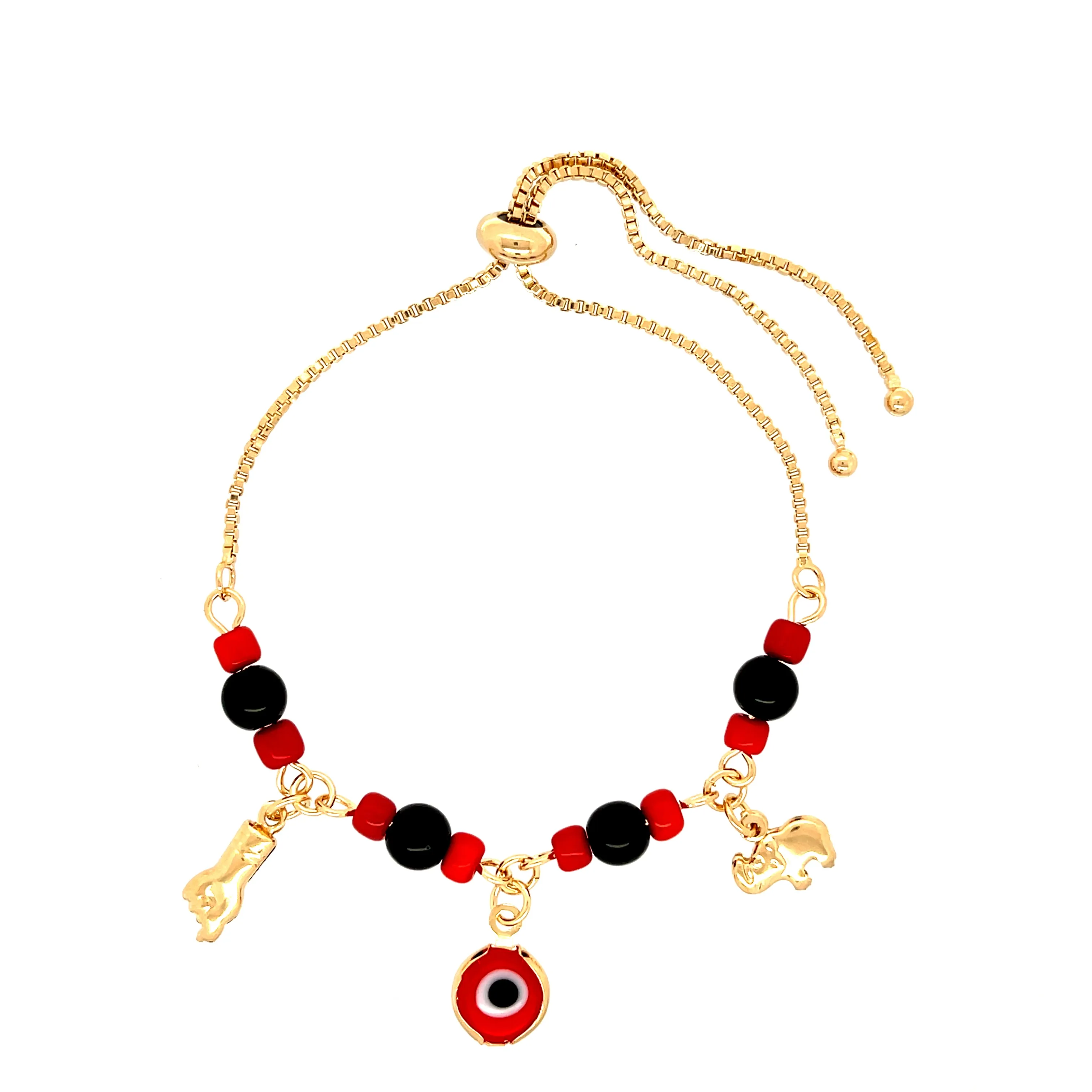 Red and Black Evil Eye, Figa hand and Elephant lucky charm bracelet adjustable gold filled