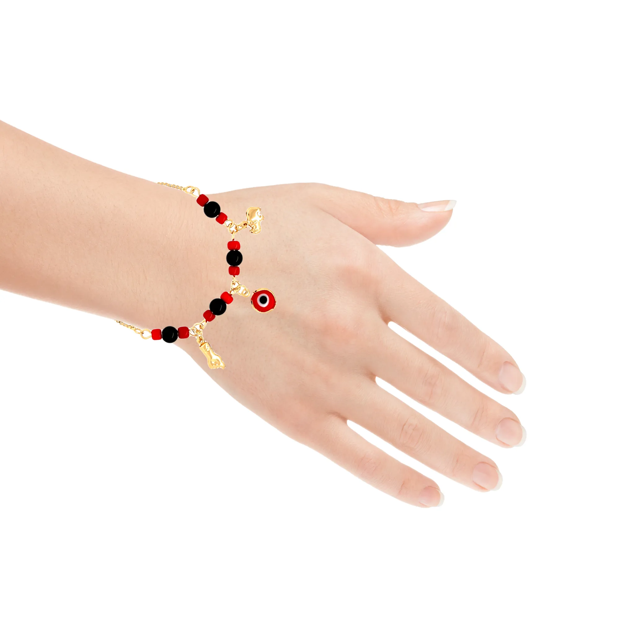 Red and Black Evil Eye, Figa hand and Elephant lucky charm bracelet adjustable gold filled