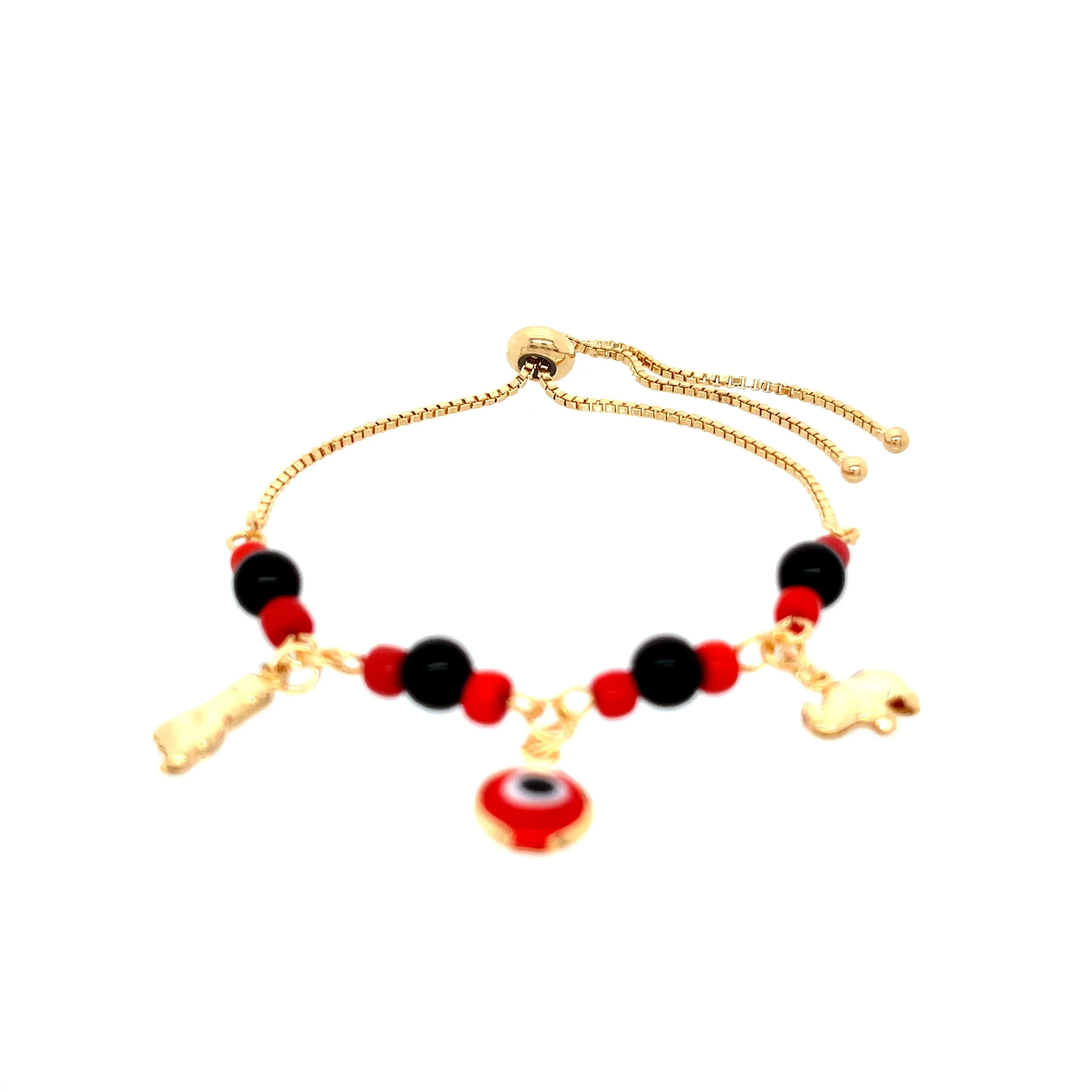 Red and Black Evil Eye, Figa hand and Elephant lucky charm bracelet adjustable gold filled