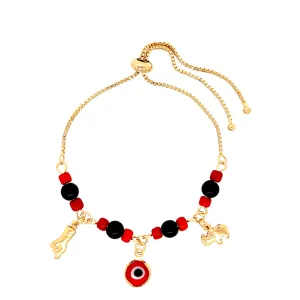 Red and Black Evil Eye, Figa hand and Elephant lucky charm bracelet adjustable gold filled